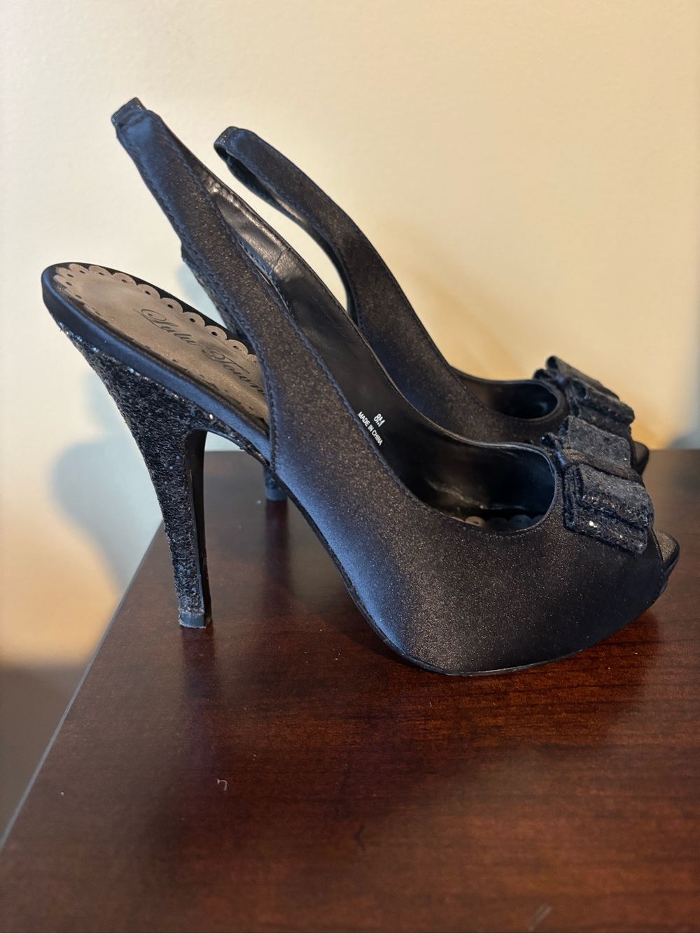 Black Satin Peep-Toe Slingback Heels with Glitter Accent women’s size 8
